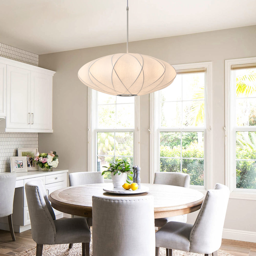 Japanese-style silk chandelier over dining table