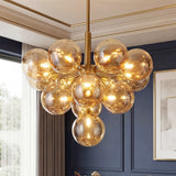 Gold bubble glass chandelier in dark blue wall room