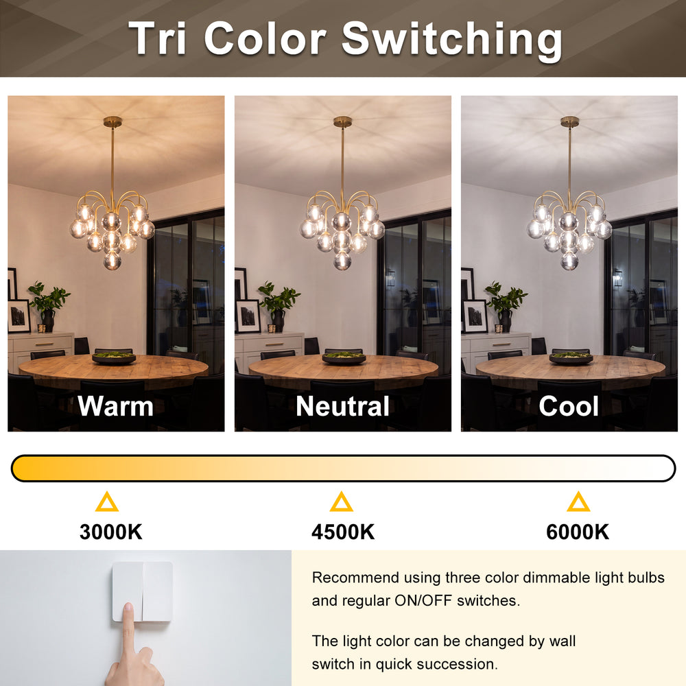 Tri color switching display warm neutral cool smoke glass globe gold chandelier wall switch control