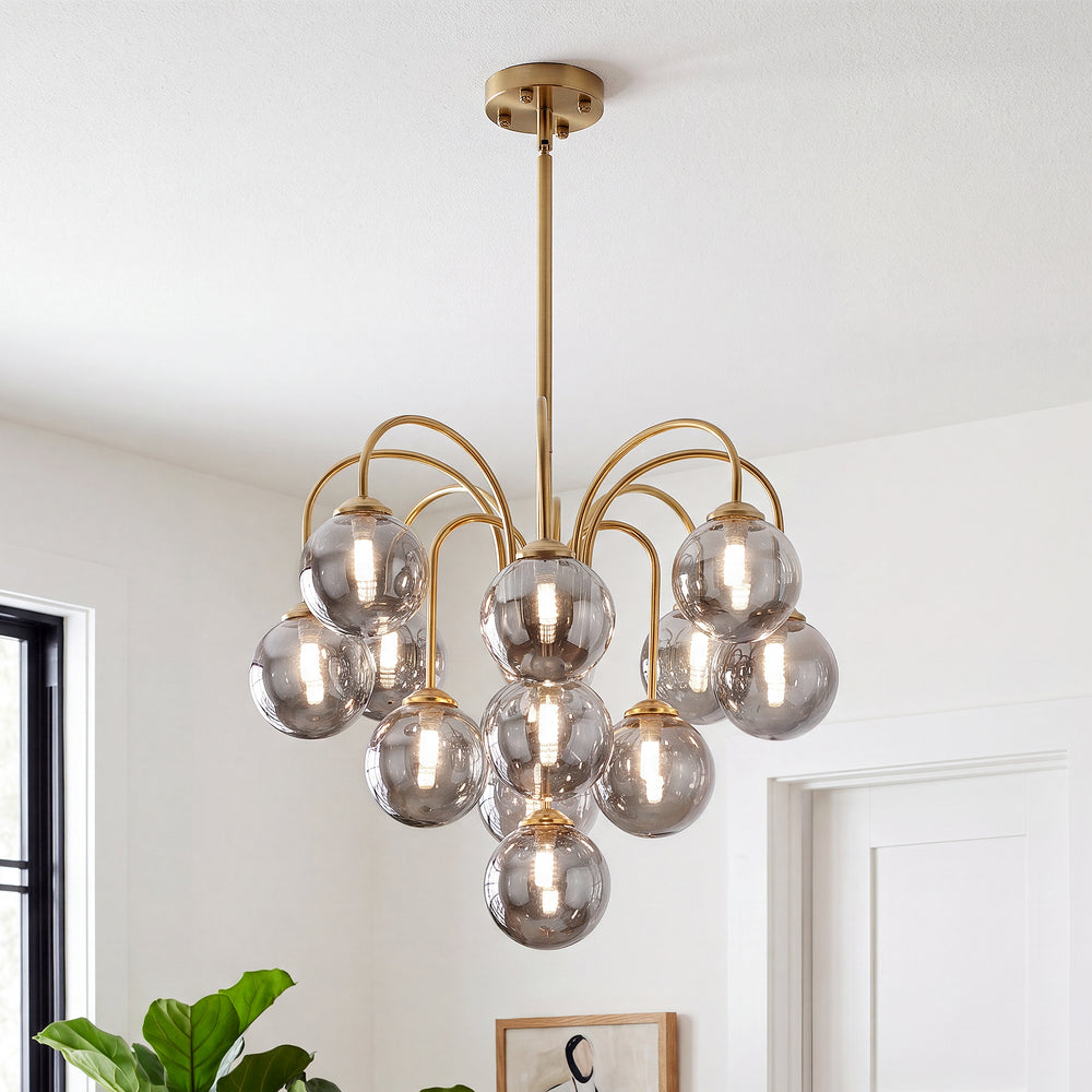 Curved gold frame multi smoke glass globe mid century modern bubble chandelier front view