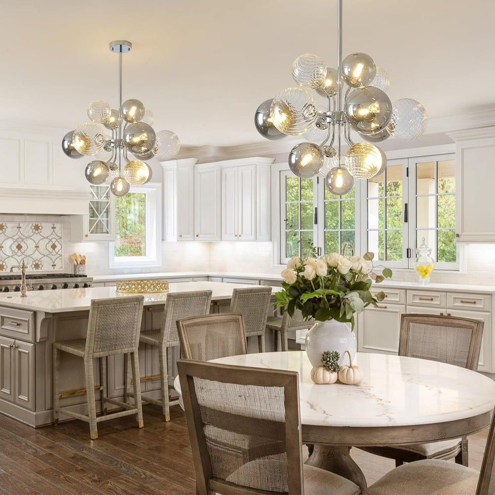 Glass bubble chandelier in bright kitchen
