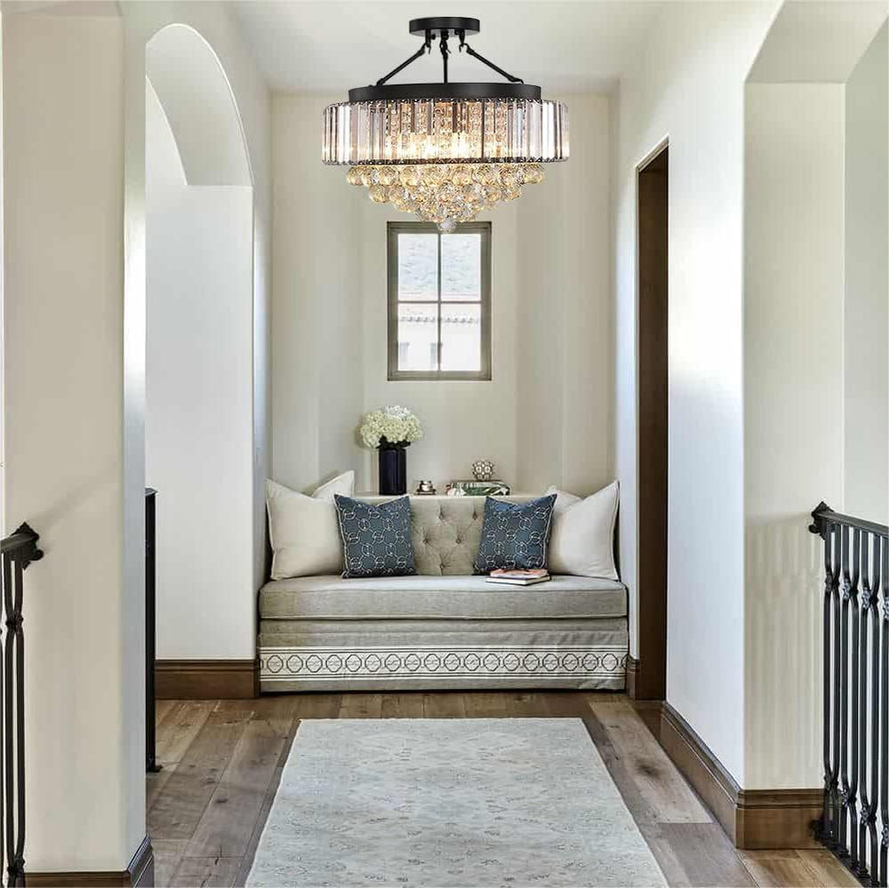 Modern black K9 crystal ceiling light in living room with adjustable chain