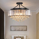 Black K9 crystal chandelier with farmhouse industrial style, matte black finish