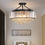 Black K9 crystal chandelier with farmhouse industrial style, matte black finish