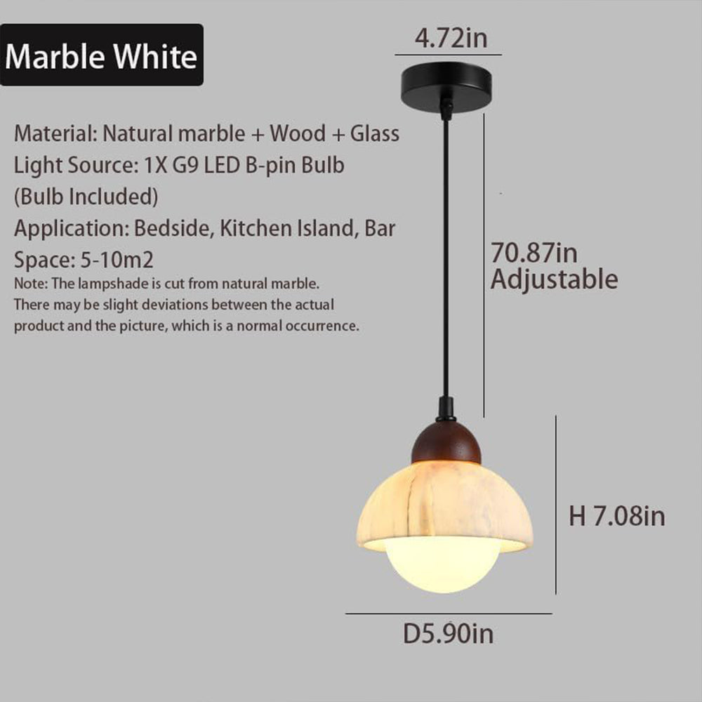 Natural marble wood pendant light with detailed dimensions and specifications