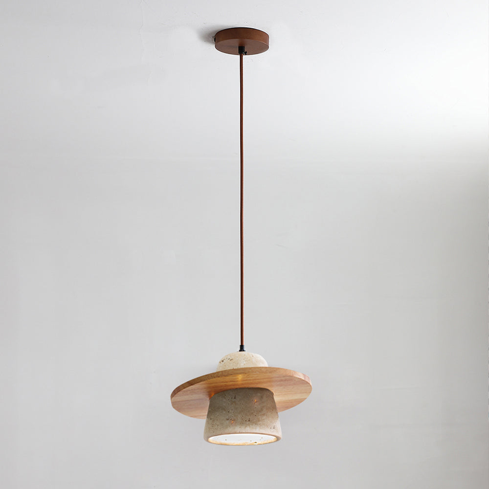 Natural wood travertine pendant light by bedside table