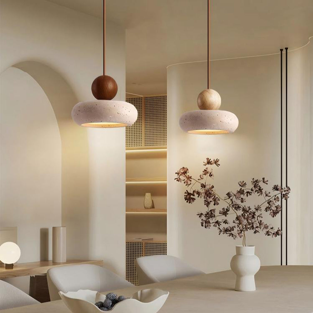 Mixed natural & walnut wood travertine pendant lights, Japandi style