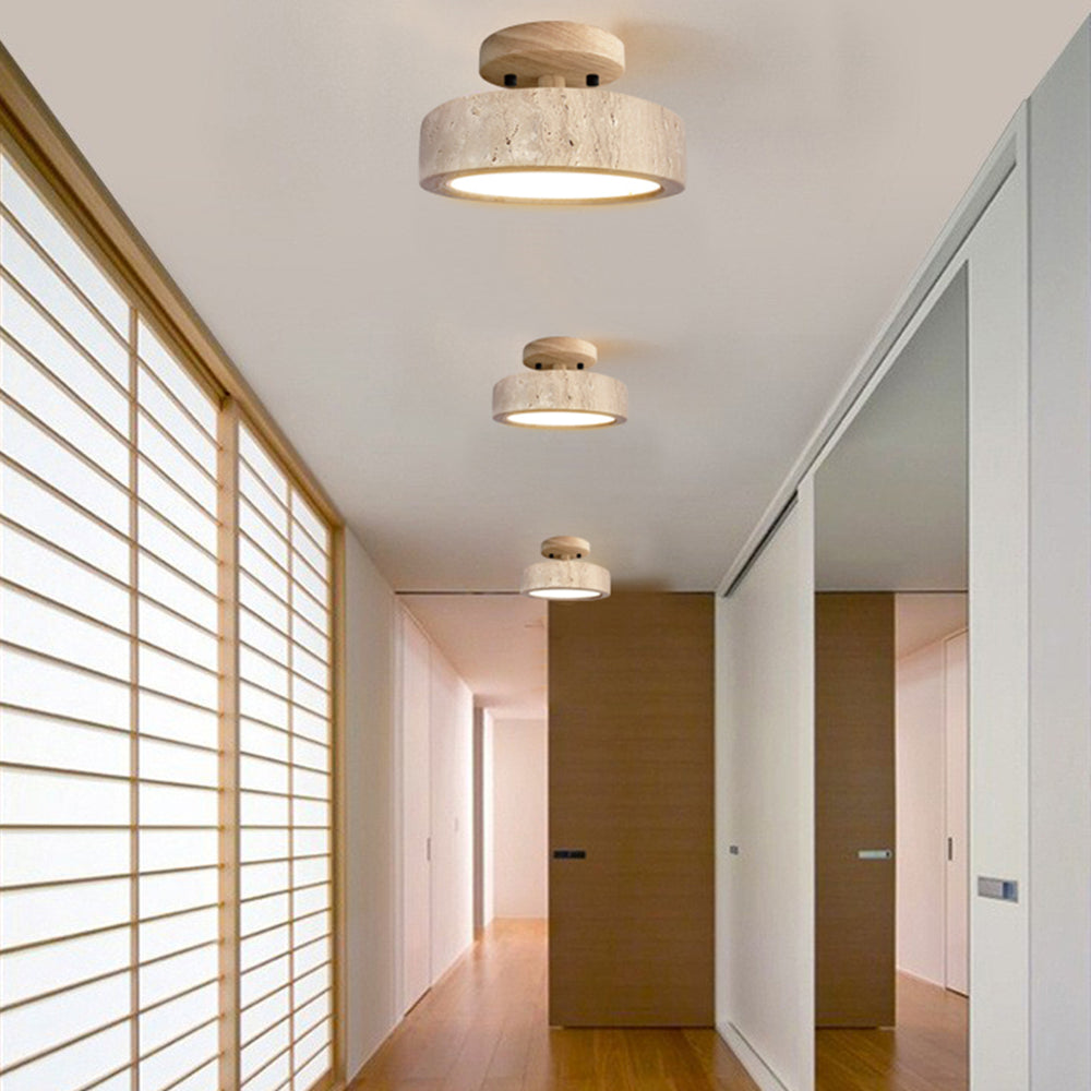 3 natural wood travertine ceiling lights in Japandi corridor
