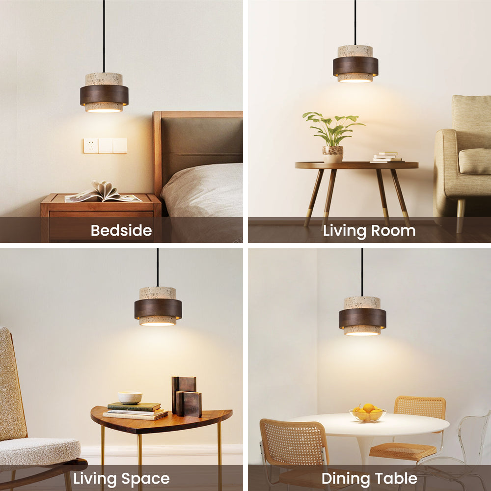 Yellow Travertine Pendant Light in Multiple Scenes: Bedside, Living Room, Living Space, and Dining Table