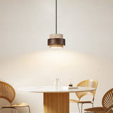 Yellow Travertine & Wood Pendant Light Over a White Round Dining Table - Minimalist Rustic Kitchen Island Lighting