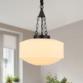Close-up of black vintage schoolhouse pendant light