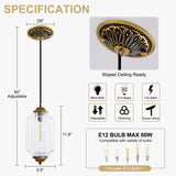 Specification dimension chart max 90 inch total adjustable height clear glass pendant light E12 socket bulb not included