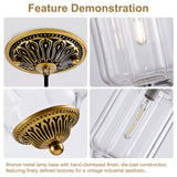Feature close-up carved antique bronze metal hardware ribbed clear glass shade details