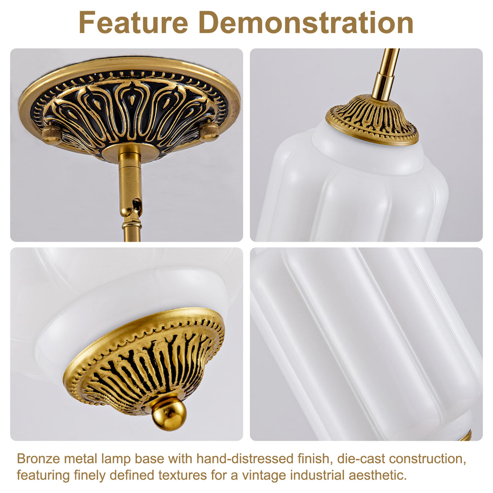 Close-up antique bronze carved metal hardware frosted glass pendant light feature details
