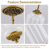 Close-up antique bronze carved metal hardware frosted glass pendant light feature details