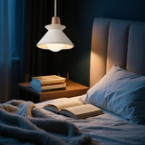 White concrete pendant light for bedroom bedside, warm ambient glow