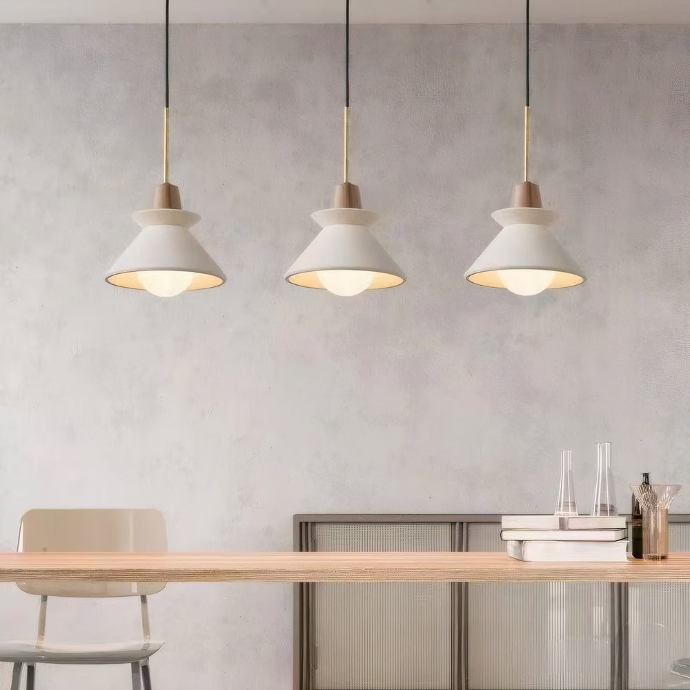 3 concrete pendant lights for kitchen island, warm wooden accents