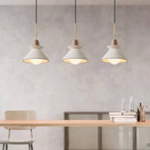 3 concrete pendant lights for kitchen island, warm wooden accents