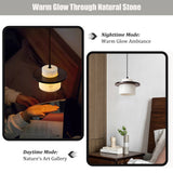 Wabi Sabi marble pendant light showing daytime (natural stone art) and nighttime (warm glow ambiance) modes