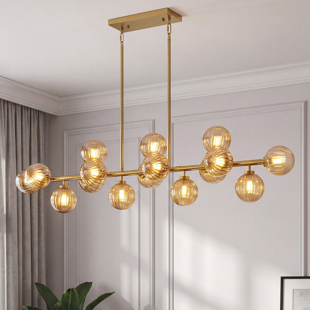 55 inch brushed gold linear amber ribbed glass globe chandelier