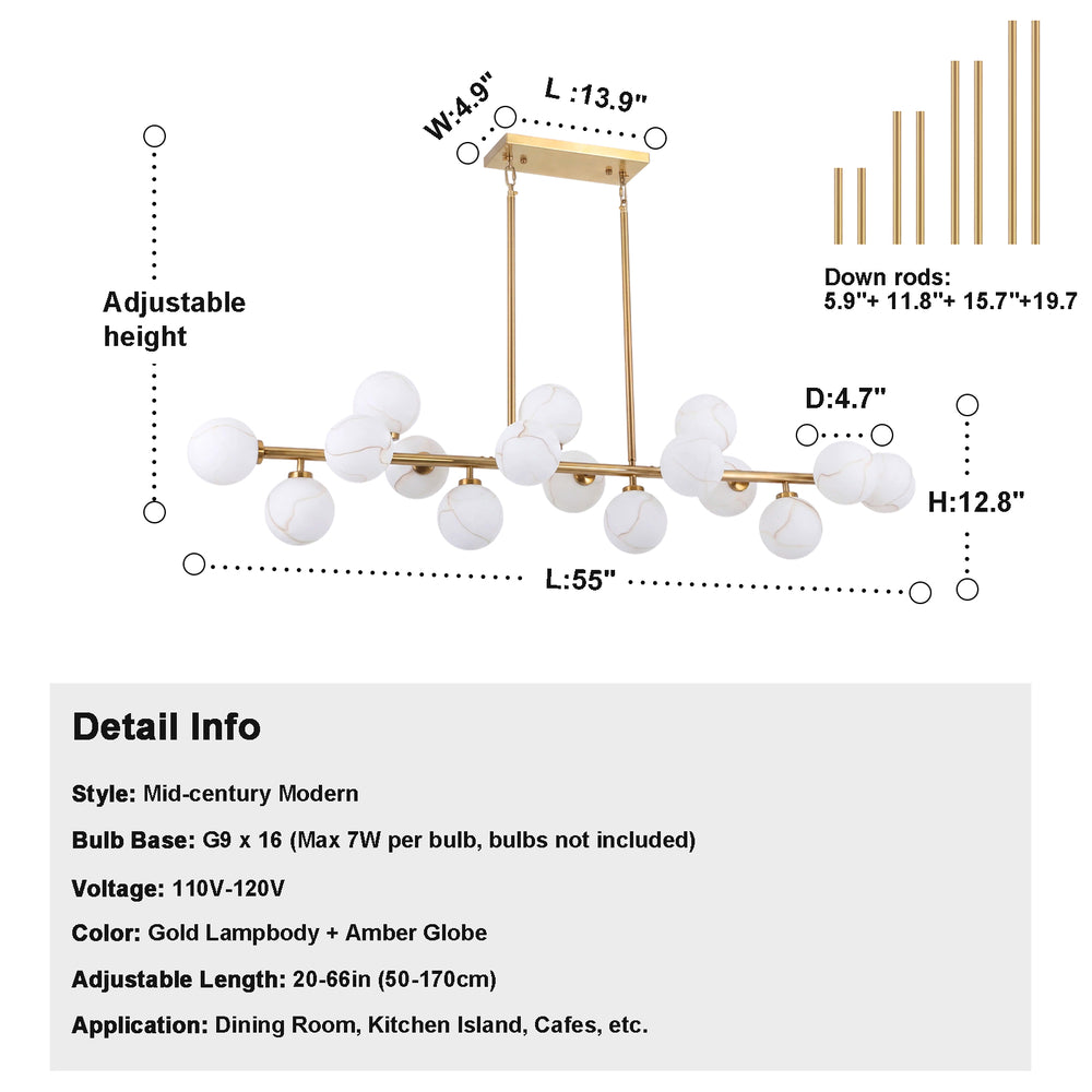 55 inch mid century linear chandelier brushed gold white marble vein frosted glass globe dimension chart