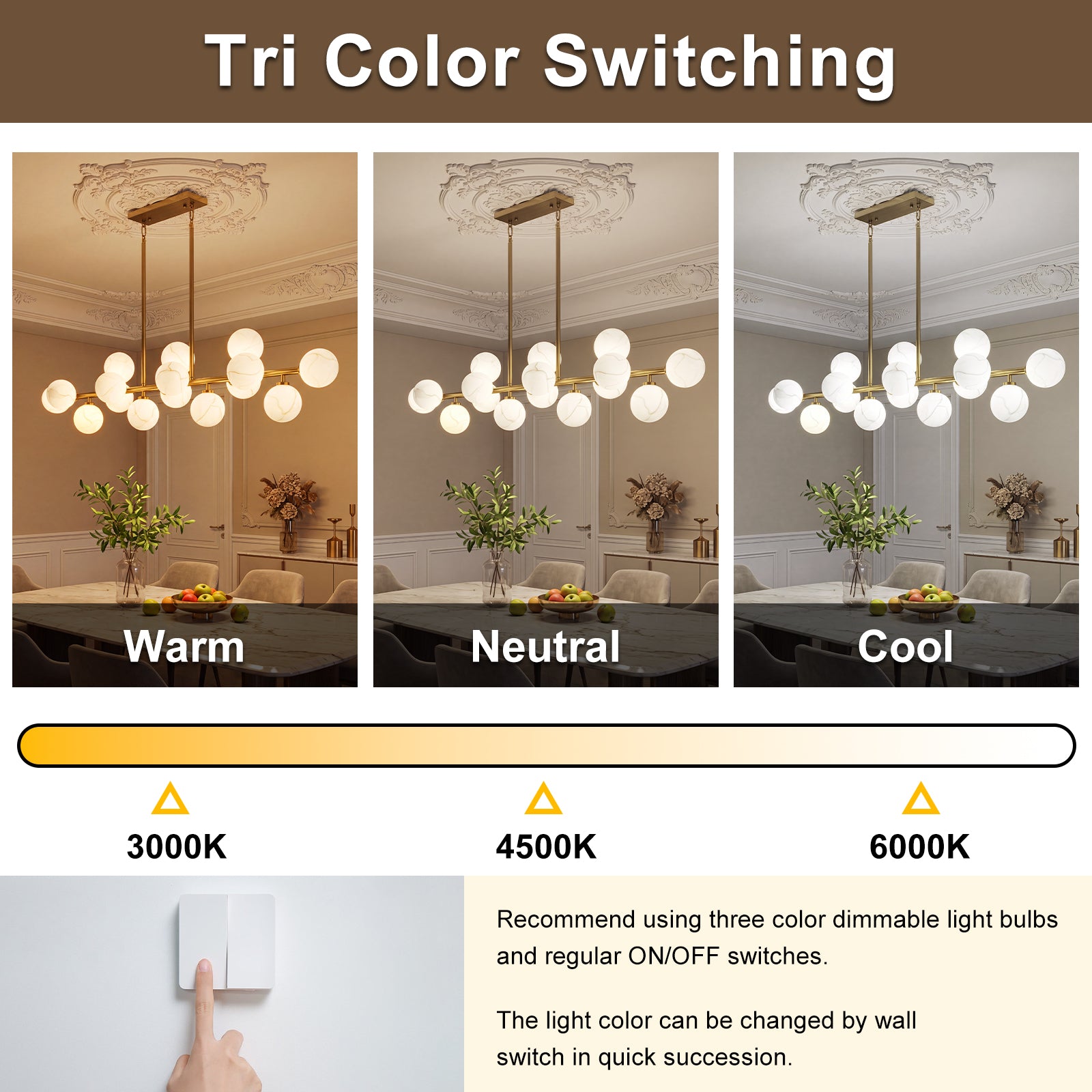 Tri color warm neutral cool display white marble glass globe linear dining chandelier