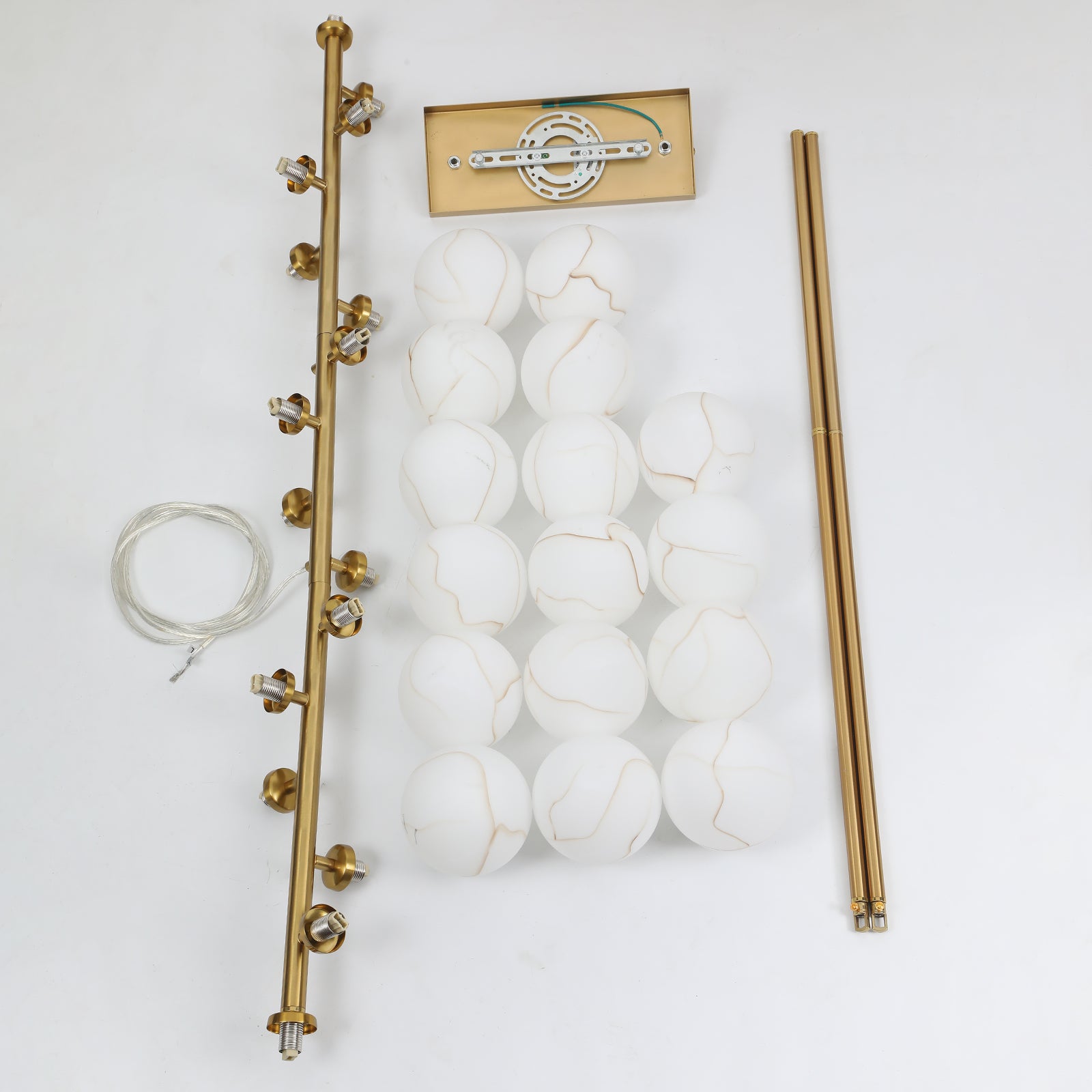 Disassembled full parts brushed gold 16-light white marble frosted glass linear pendant light