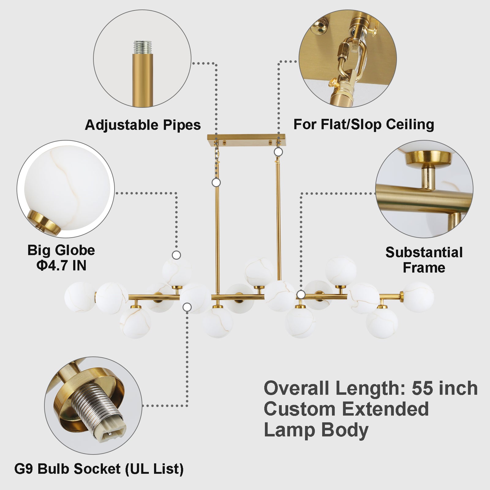 Feature diagram adjustable height sloped ceiling fit white marble big glass globe gold chandelier