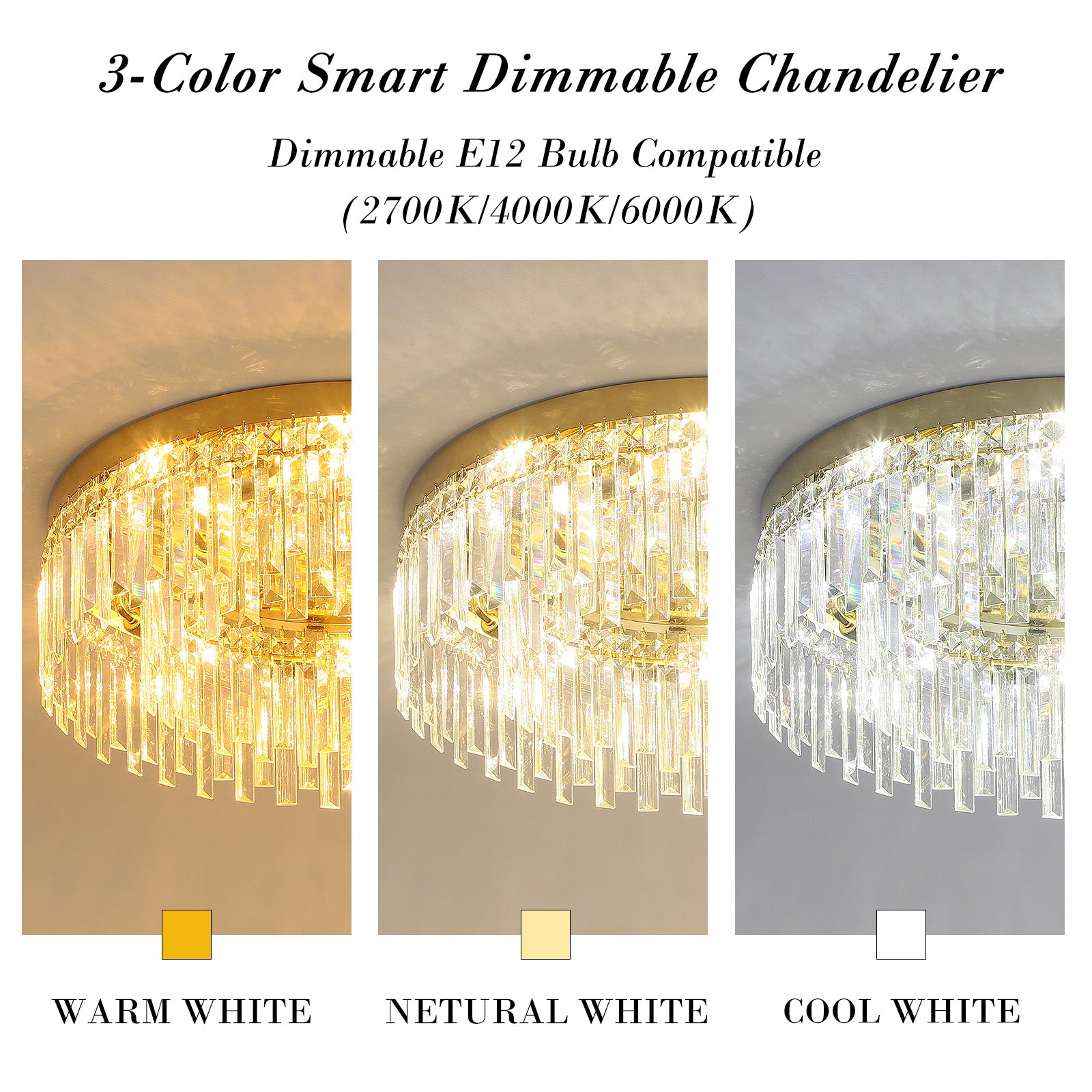 24in Crystal Chandeliers Flush Mount Ceiling Light, 8 Lights Modern Crystal Ceiling Light, Large Round Chandelier Lighting Fixture