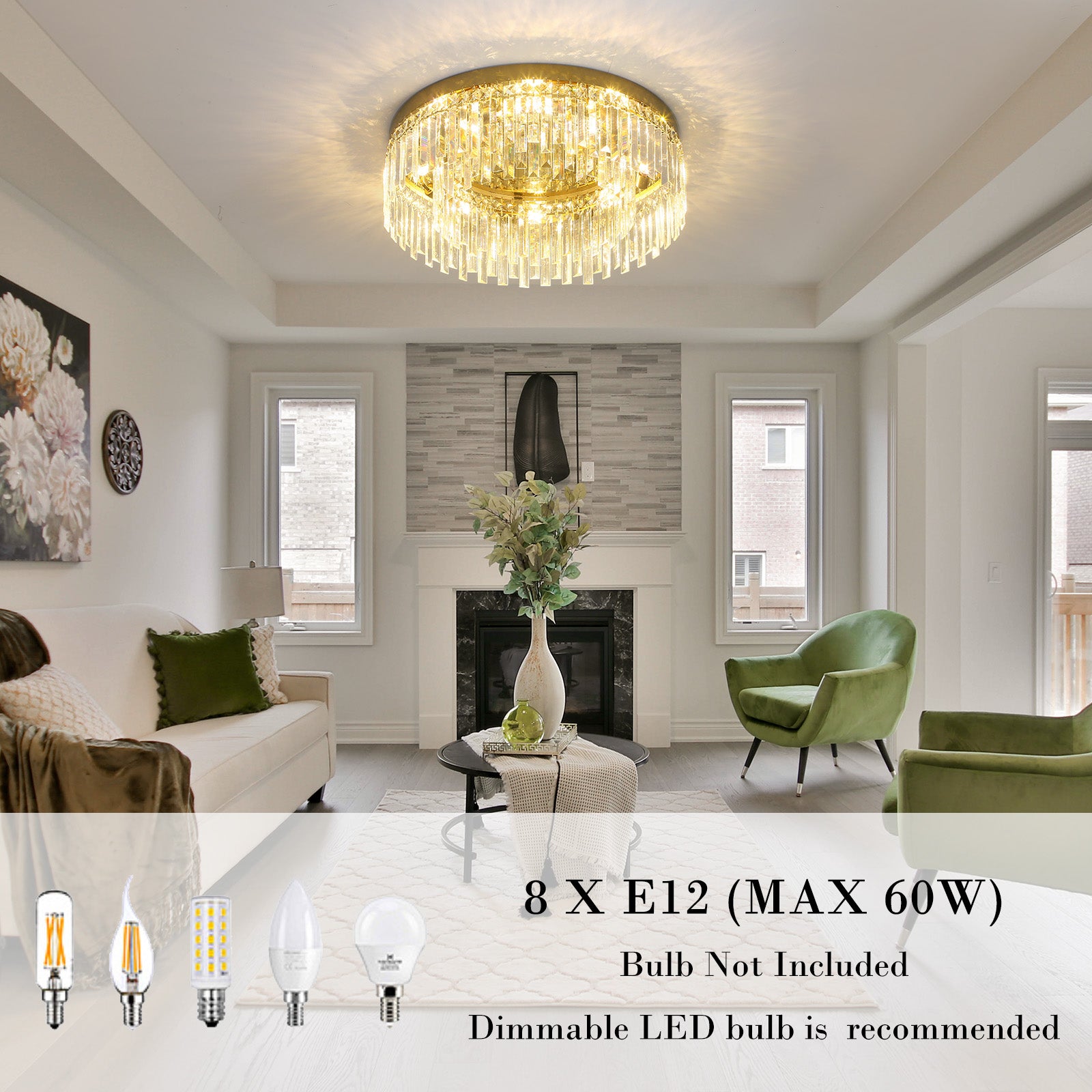 24in Crystal Chandeliers Flush Mount Ceiling Light, 8 Lights Modern Crystal Ceiling Light, Large Round Chandelier Lighting Fixture