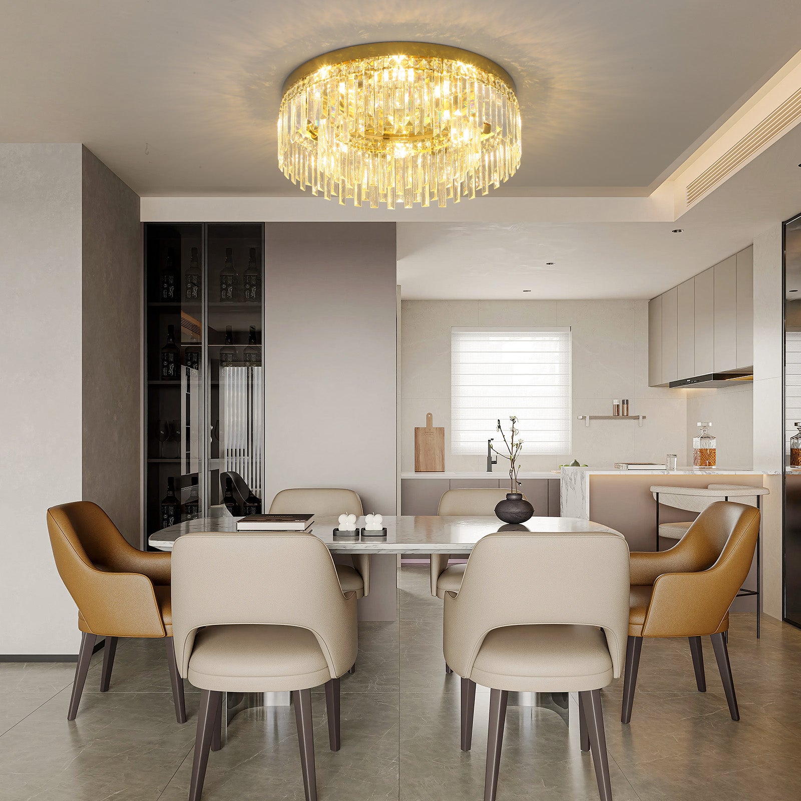 24in Crystal Chandeliers Flush Mount Ceiling Light, 8 Lights Modern Crystal Ceiling Light, Large Round Chandelier Lighting Fixture