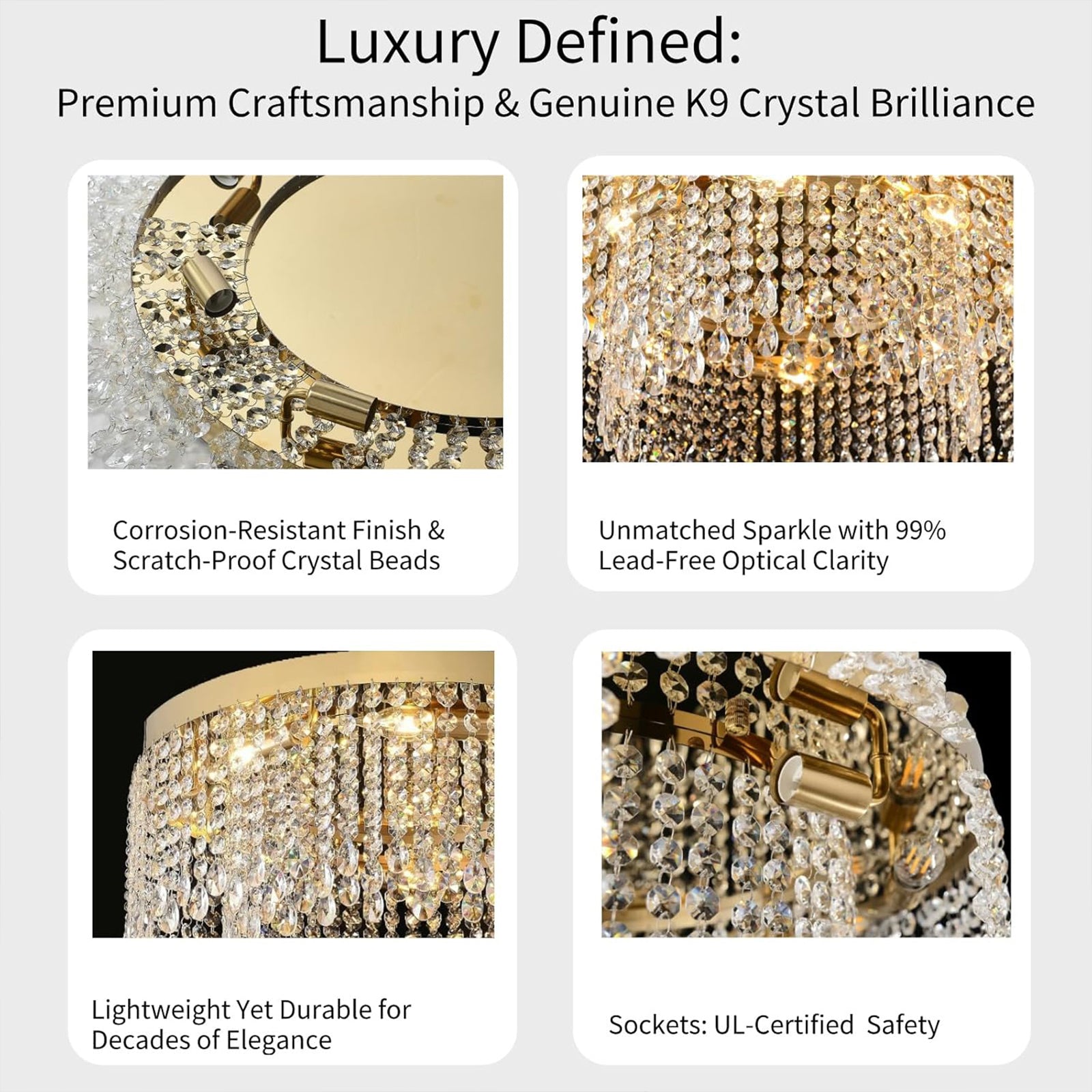 Modern Crystal Chandelier Round Ceiling Light 24in Gold