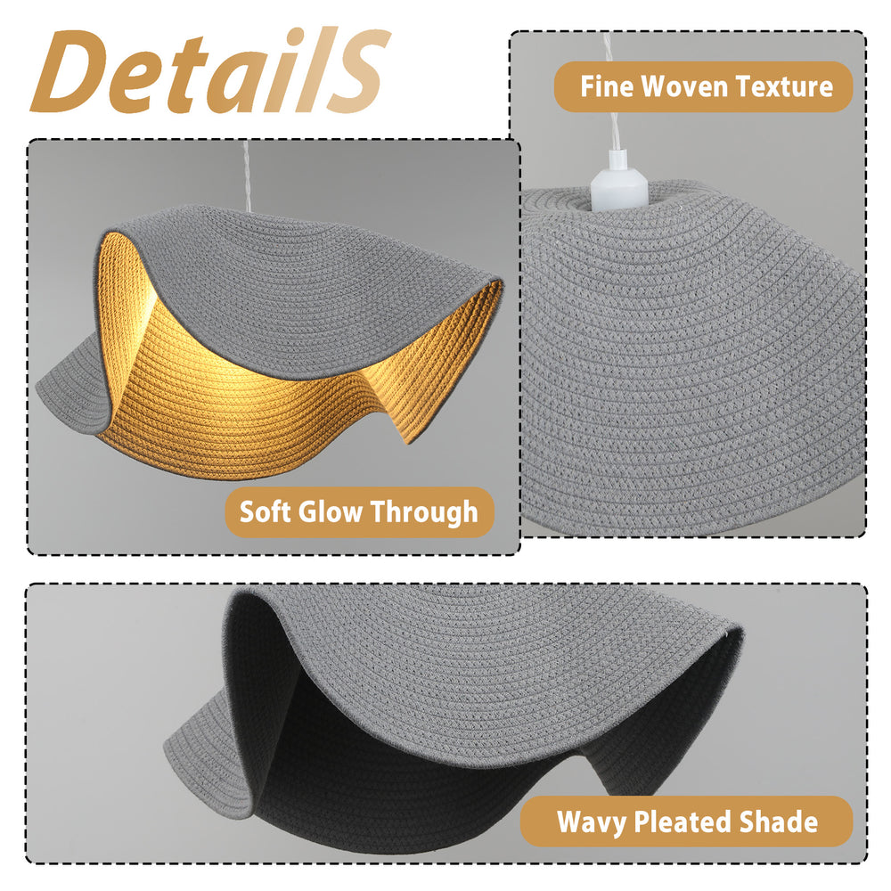 Woven pendant light detail: texture, glow, wavy shade