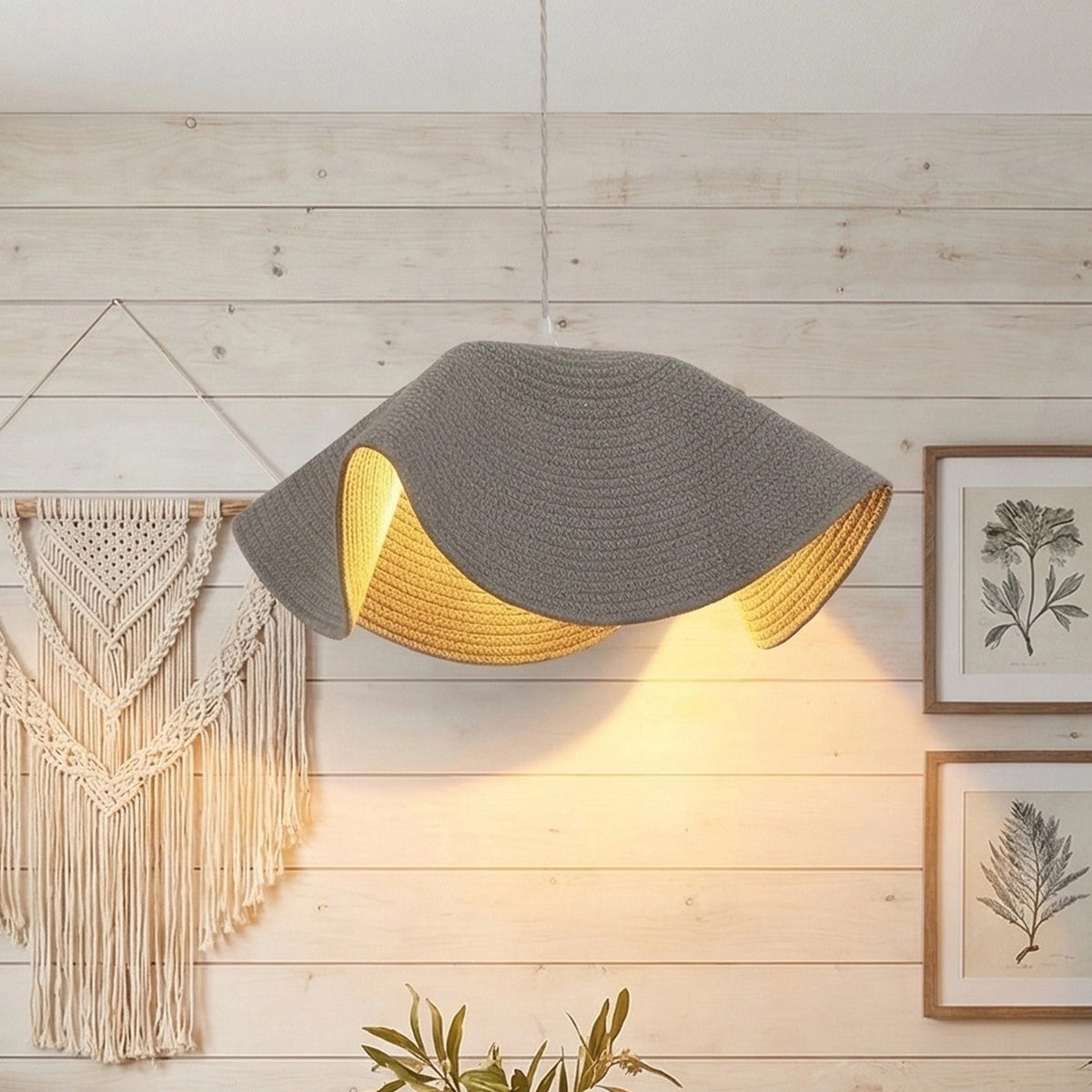 Handwoven gray pendant light in boho dining room