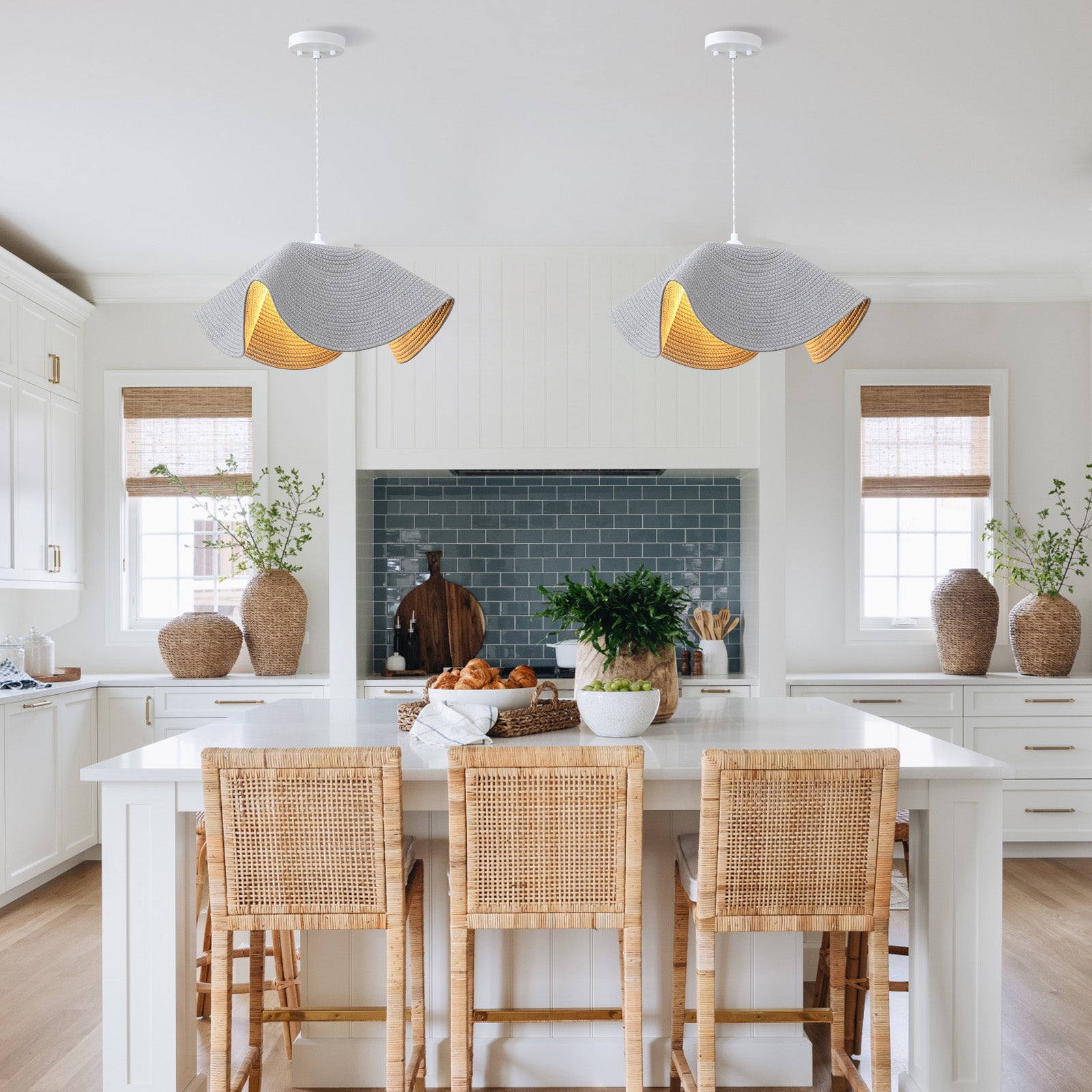 2-pack woven pendant lights over kitchen island