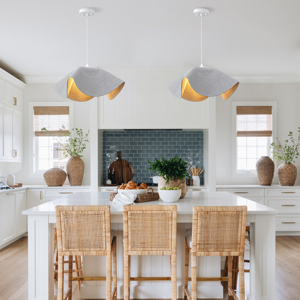 2-pack woven pendant lights over kitchen island