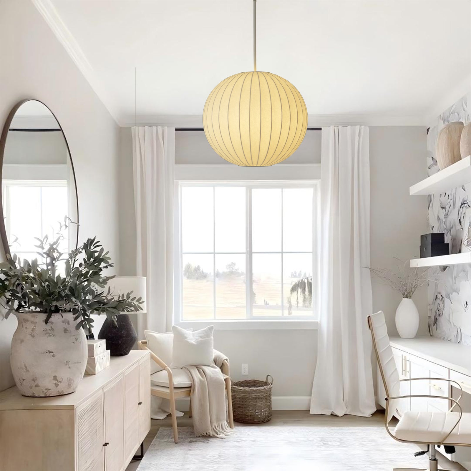 Wabi Sabi silk ball pendant light installed in bright window reading nook home decor