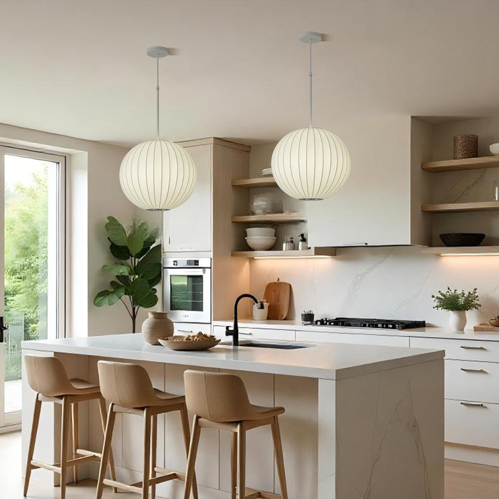 Two silk ball pendant lights above kitchen island modern home kitchen decor