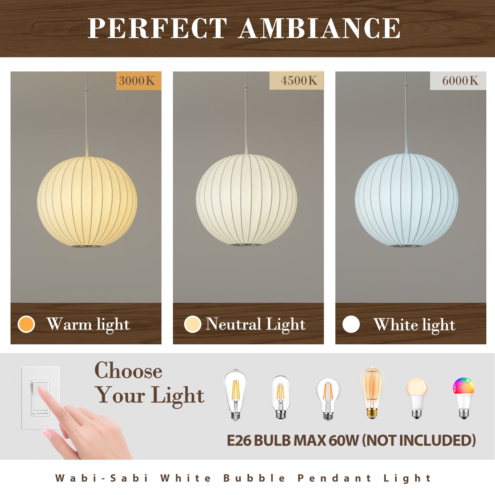 3 color temperature display of silk globe pendant light 3000K 4500K 6000K warm neutral white light