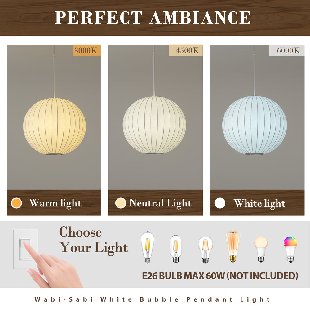 3 color temperature display of silk globe pendant light 3000K 4500K 6000K warm neutral white light