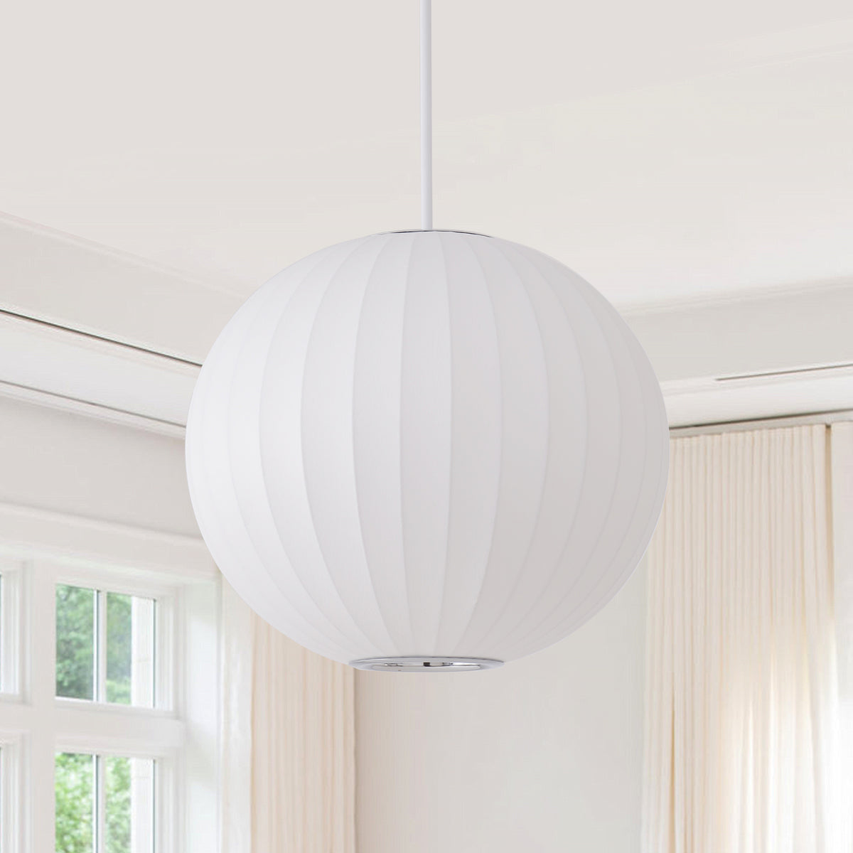 Plain white background main image of Japanese spherical silk pendant light