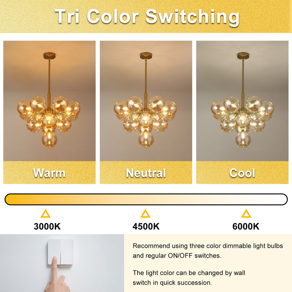 3-color temperature gold glass chandelier
