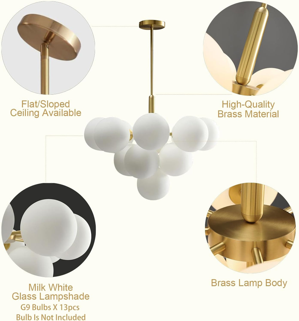Chandelier detail: brass frame, milk white glass