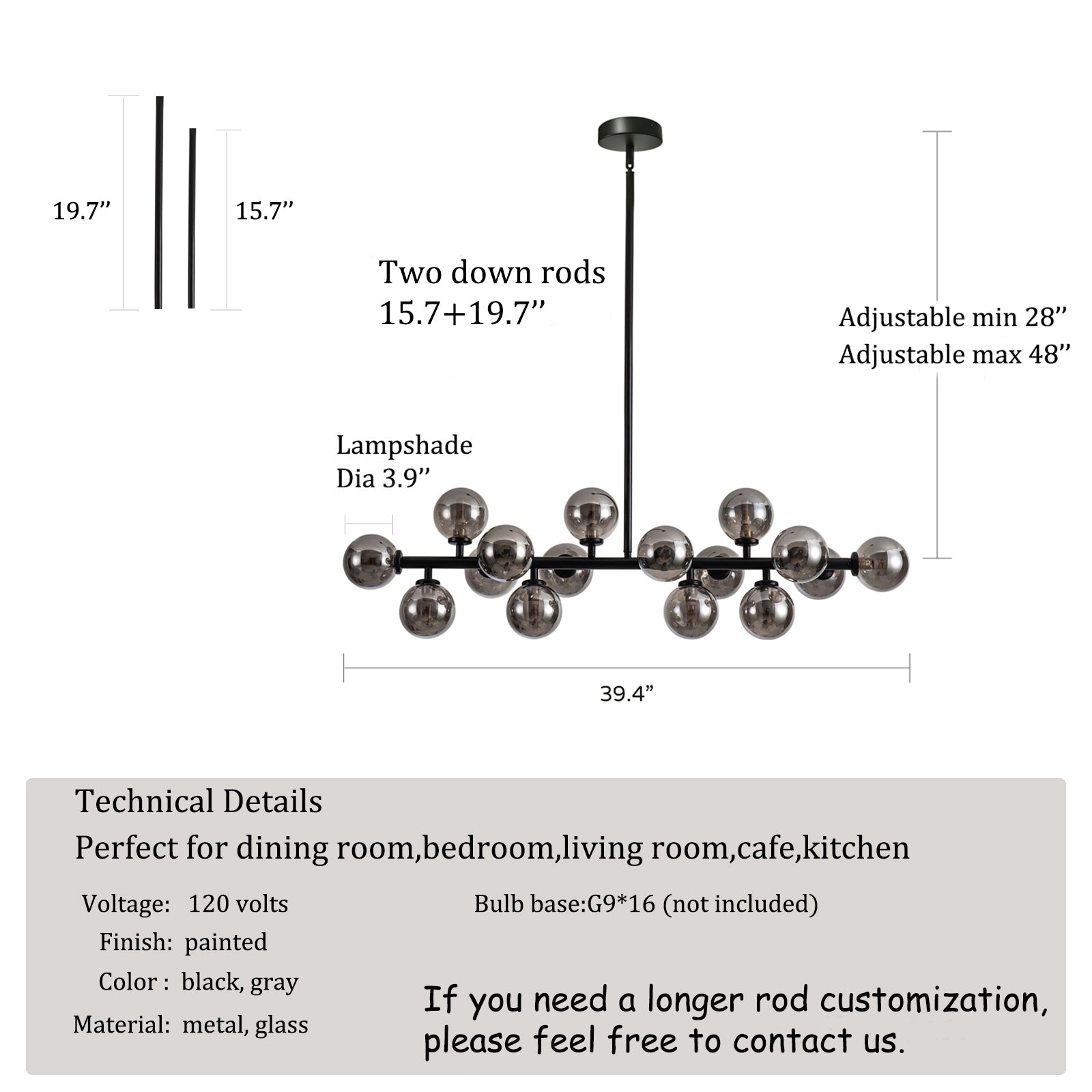 Mid Century Modern Chandelier 16-Light Globe Glass Shade
