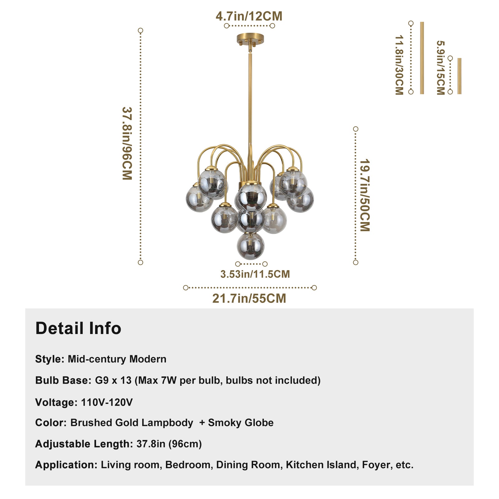 Product dimension chart 13-light smoke glass gold chandelier 21.7in diameter size specs