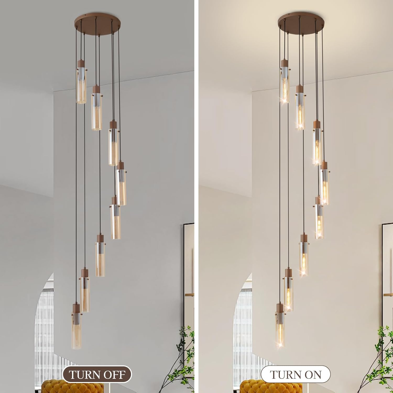8-light glass tube pendant light on/off demo 