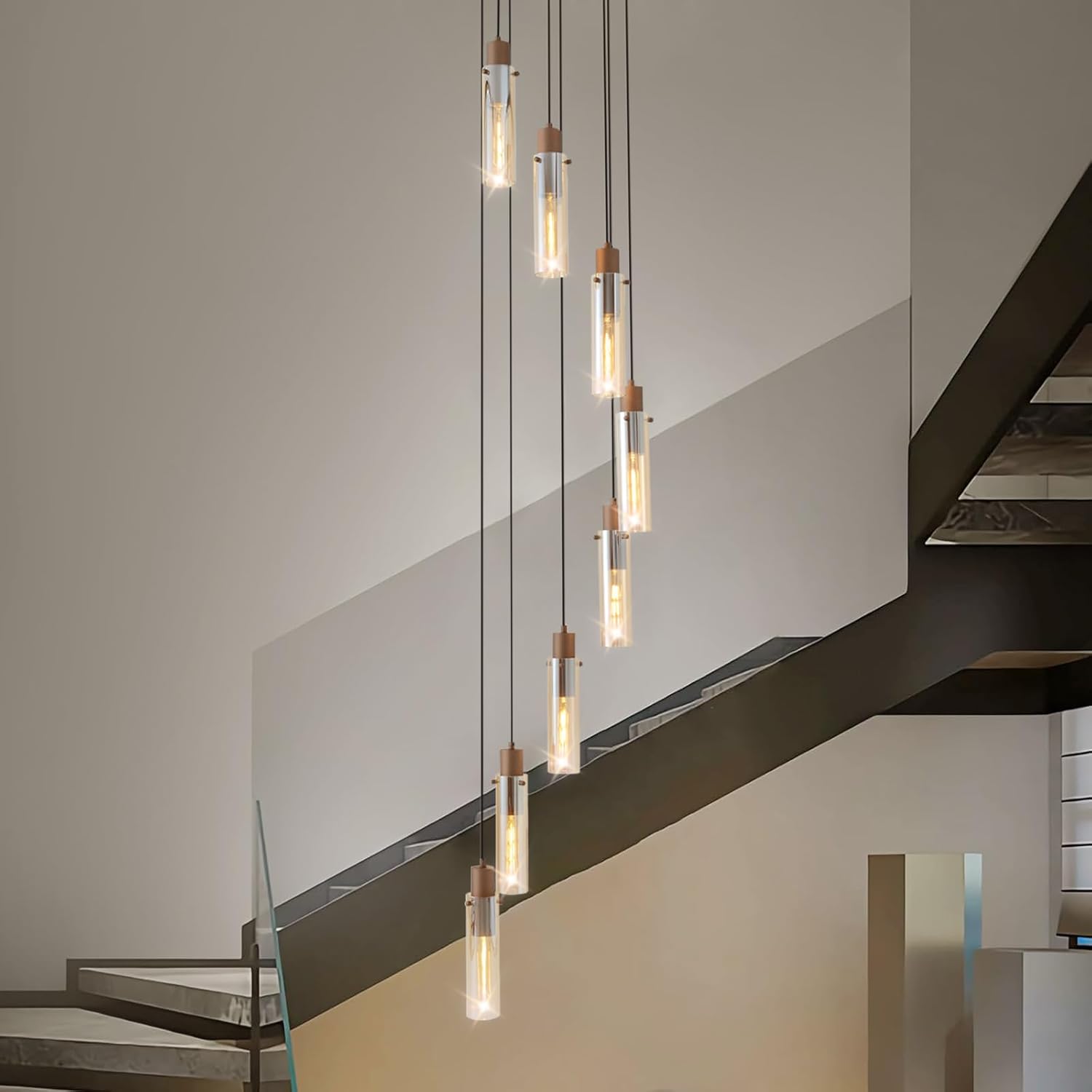 Glass tube chandelier for staircase