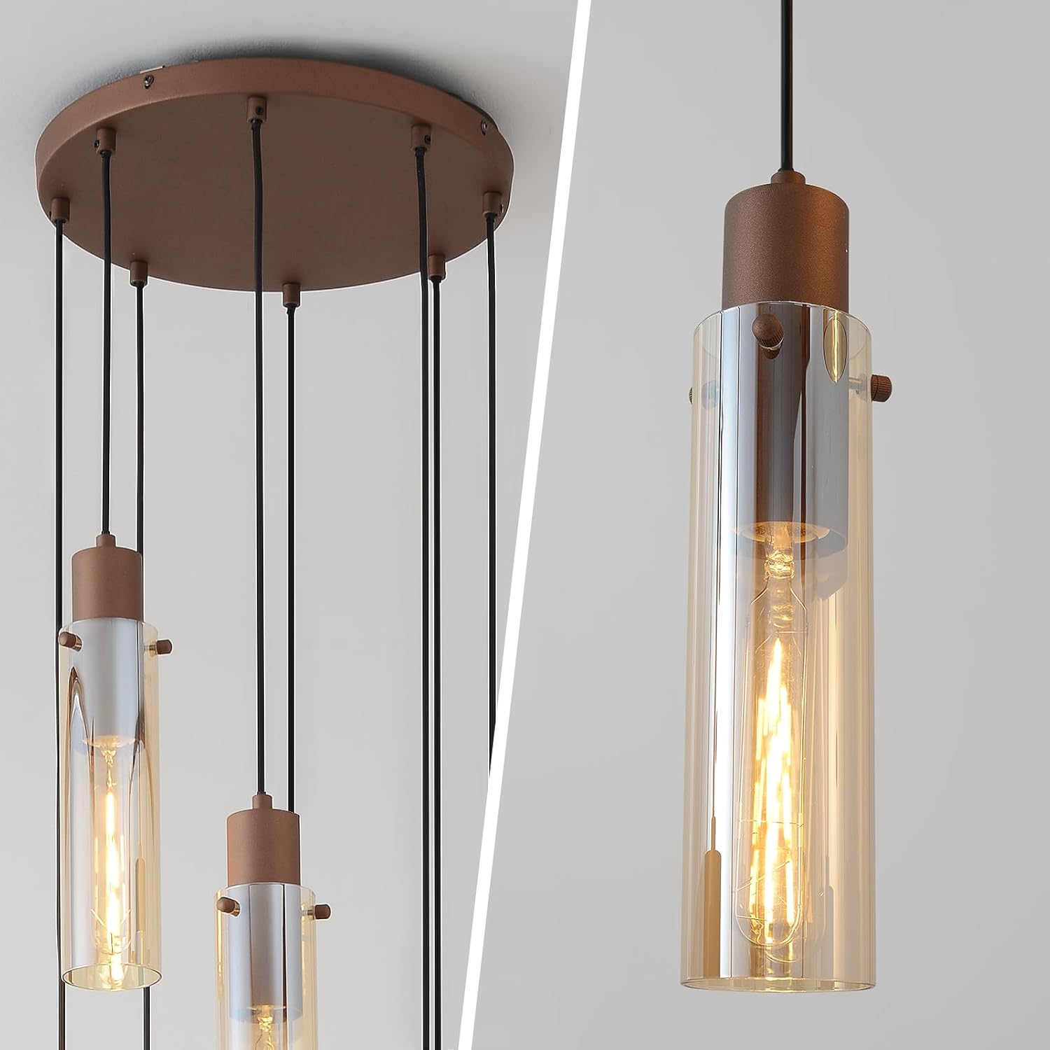 Brown ceiling canopy & glass tube light detail 