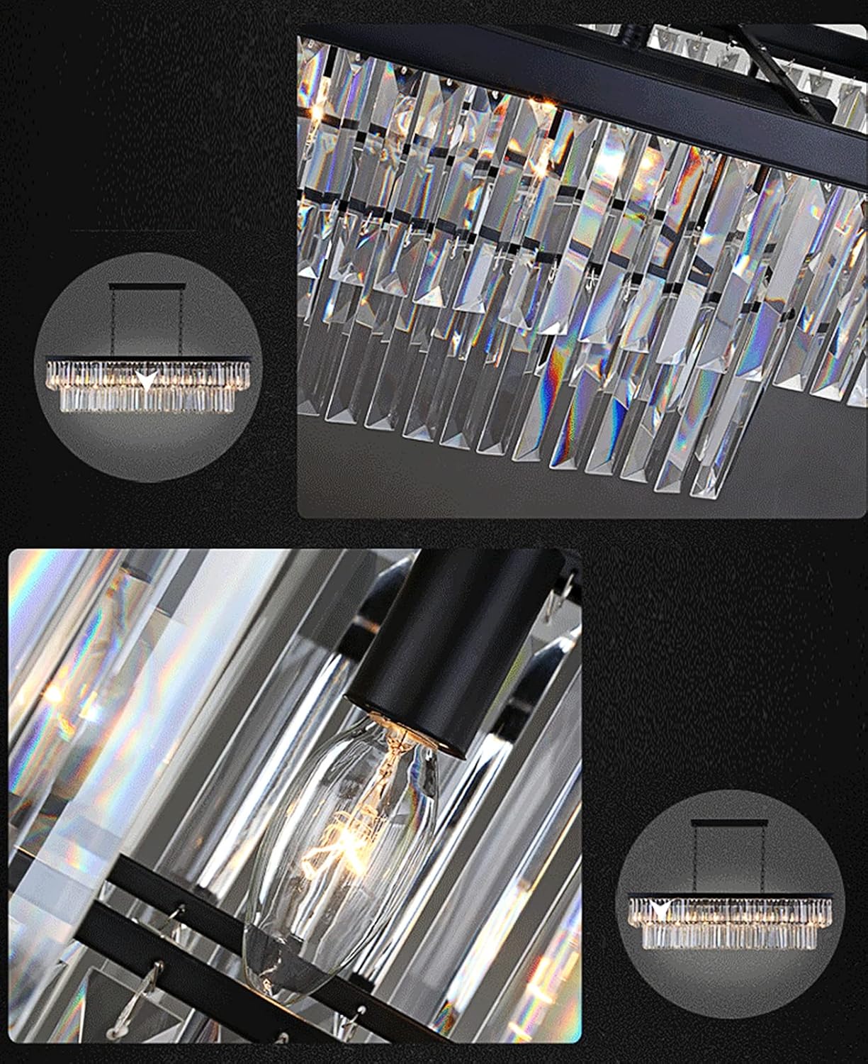 Modern Rectangular Crystal Chandelier | Black Linear Pendant Light for Dining Room & Kitchen Island