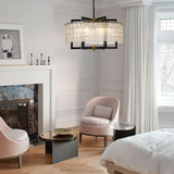 Modern Black Chandeliers for Dining Room, Drum Chandelier 6 Lights 23.6 inch, Modern Farmhouse Lighting Fixture with Water Ripple Glass Pendant Hanging Light Round Chandelier